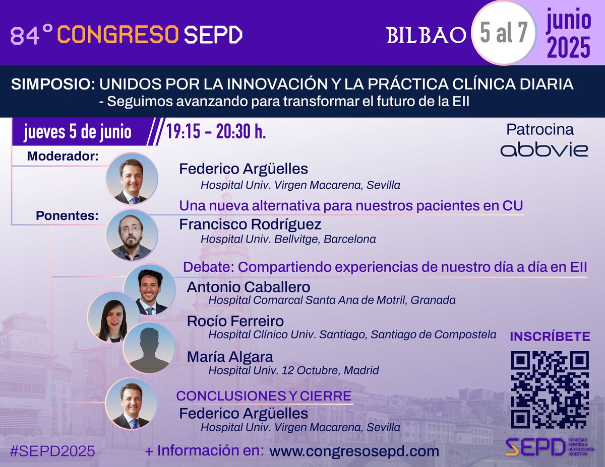 Antonio Caballero Mateos PhD (@dr_acaballero_) on Twitter photo 🚀Seguimos avanzando para transformar el futuro de la Enfermedad Inflamatoria Intestinal
Únete al simposio satélite 🛰️ de EII en el próximo Congreso <a href="/sepdigestiva/">Sociedad Española de Patología Digestiva (SEPD)</a>
#SEPD2025
🛫¡Nos vemos en Bilbao !
congresosepd.com
#IBD 🚀Seguimos avanzando para transformar el futuro de la Enfermedad Inflamatoria Intestinal
Únete al simposio satélite 🛰️ de EII en el próximo Congreso <a href="/sepdigestiva/">Sociedad Española de Patología Digestiva (SEPD)</a>
#SEPD2025
🛫¡Nos vemos en Bilbao !
congresosepd.com
#IBD