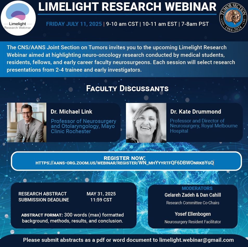 AANS (@aansneuro) on Twitter photo Calling all neuro-oncology trainees and early-career neurosurgeons! Submit your research for the Limelight Webinar, hosted by the CNS/AANS Tumor Section. Deadline: May 31. ow.ly/soWc50VLVsw <a href="/NSTumorSection/">NS Tumor Section</a> Calling all neuro-oncology trainees and early-career neurosurgeons! Submit your research for the Limelight Webinar, hosted by the CNS/AANS Tumor Section. Deadline: May 31. ow.ly/soWc50VLVsw <a href="/NSTumorSection/">NS Tumor Section</a>
