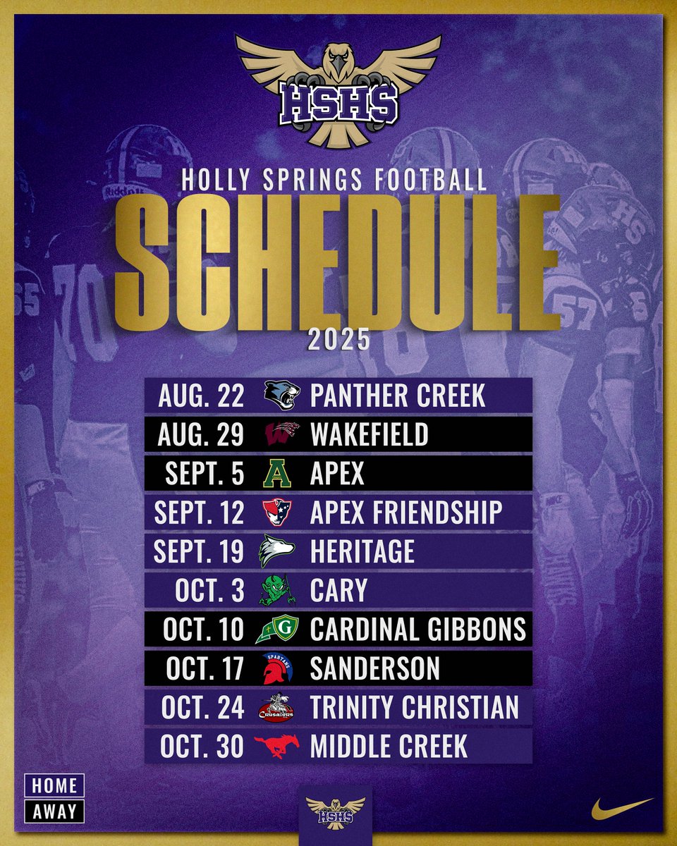 🟪⬛️The wait is over! ⬛️🟪

The 2025 Holly Springs Golden Hawks Football Schedule is officially set‼️

<a href="/NickStevensHSOT/">Nick Stevens | HighSchoolOT</a> <a href="/JoelBryantHSOT/">Joel Bryant - HighSchoolOT 🏈</a> <a href="/ChrisHughesCP/">Chris Hughes</a> <a href="/NCHSLogos/">NC High School Logos</a> <a href="/NCFootballNews/">NC Football News</a>