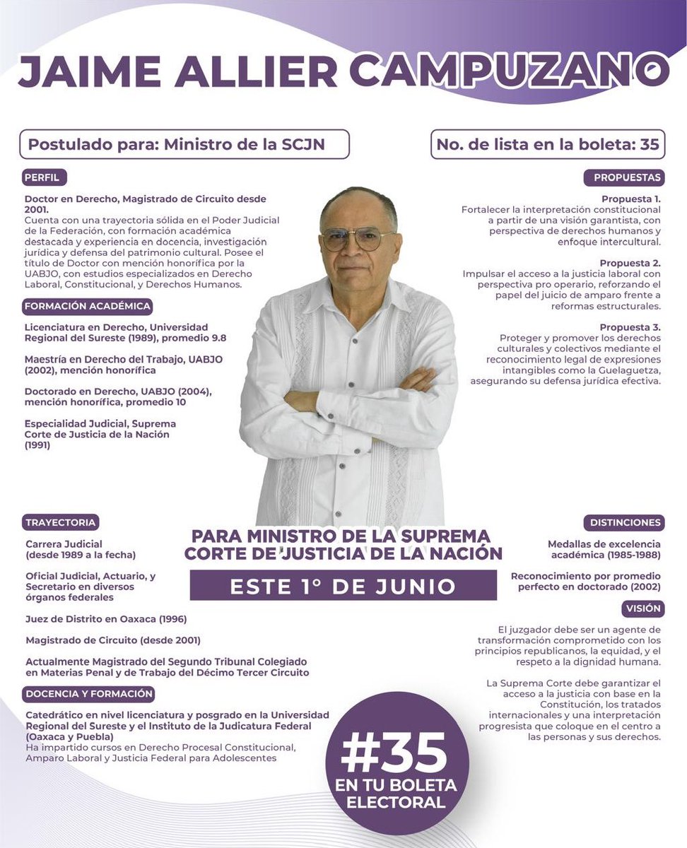 🟣 Vota por JAIME ALLIER #35 para MINISTRO de la SCJN este 1 de junio 🟣

¡ 🇲🇽 México quiere un MINISTRO con preparación y experiencia !

🙋🏻‍♂️ Soy el único candidato a MINISTRO que cuenta con formación sólida en :

⚖️Derecho Laboral
⚖️Derecho Penal 
⚖️Derecho Cultural
⚖️Derecho
