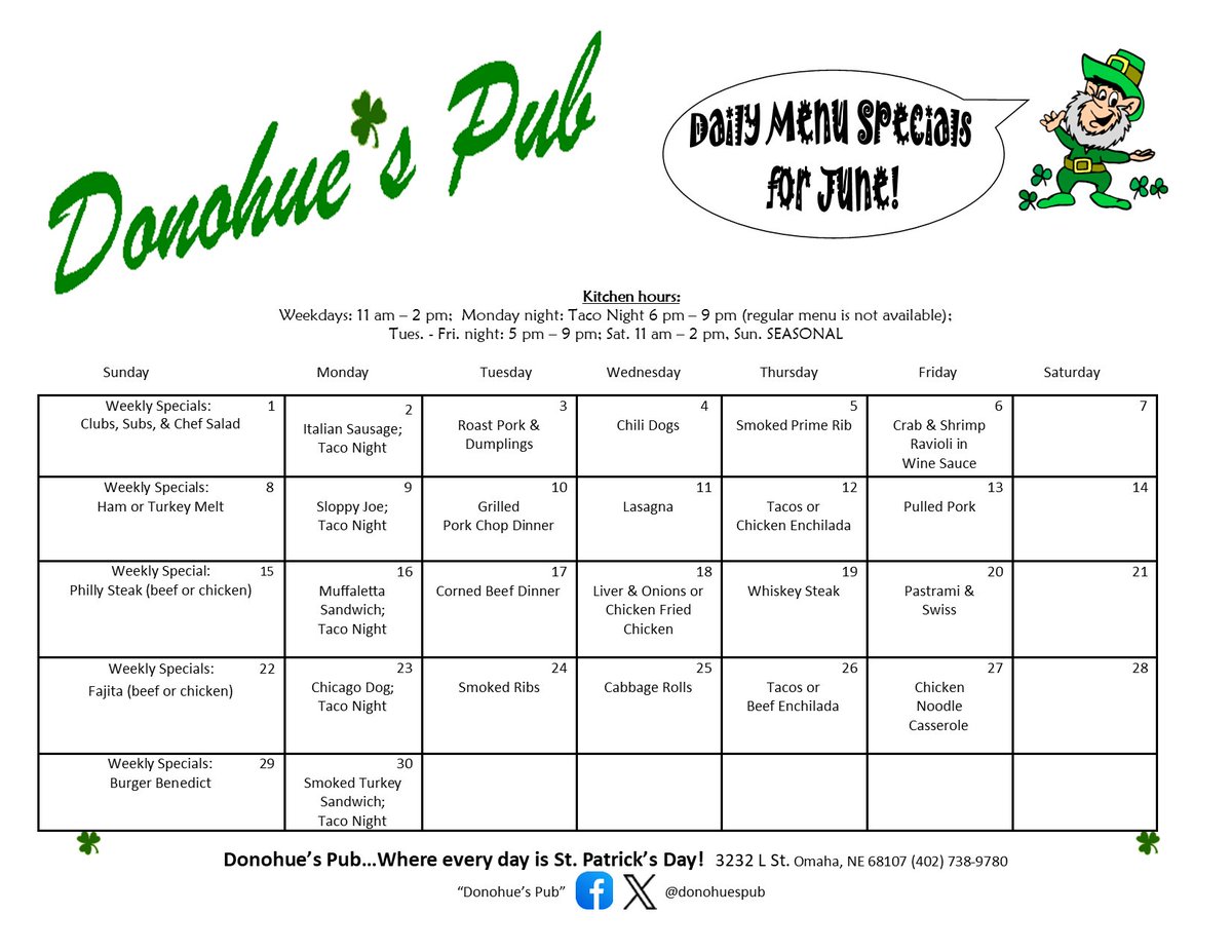 DonohuesPub's tweet photo. Our mouth-watering weekly and daily lunch specials for June have arrived, featuring an array of delicious dishes that are sure to delight your taste buds! We can’t wait to serve you! #SouthO https://t.co/OPjcE2k7Tt