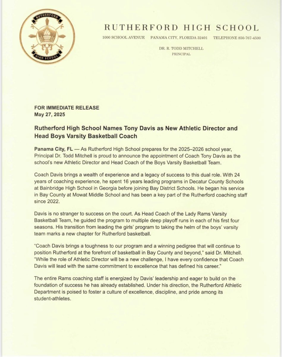 Sam Granville (@samgranvilletv) on Twitter photo And there it it! <a href="/Rutherford_Rams/">Rutherford High School</a> has turned the athletic program and the boys basketball program over to former girls basketball coach, Tony Davis. More details coming tonight on <a href="/WMBBTV/">WMBB News 13</a> And there it it! <a href="/Rutherford_Rams/">Rutherford High School</a> has turned the athletic program and the boys basketball program over to former girls basketball coach, Tony Davis. More details coming tonight on <a href="/WMBBTV/">WMBB News 13</a>
