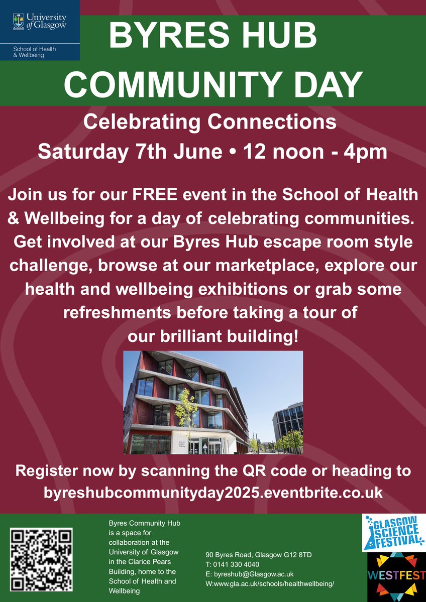 ALISS (@alissprogramme) on Twitter photo Join us next Saturday, 12-4pm, for the <a href="/UofGByresHub/">Byres Community Hub</a> Community Day to discover health & wellbeing services in your community! Whether you are looking for support, new activities to try, or just fancy a chat - we would love to see you there!
For more info: eventbrite.co.uk/e/byres-hub-co… Join us next Saturday, 12-4pm, for the <a href="/UofGByresHub/">Byres Community Hub</a> Community Day to discover health & wellbeing services in your community! Whether you are looking for support, new activities to try, or just fancy a chat - we would love to see you there!
For more info: eventbrite.co.uk/e/byres-hub-co…