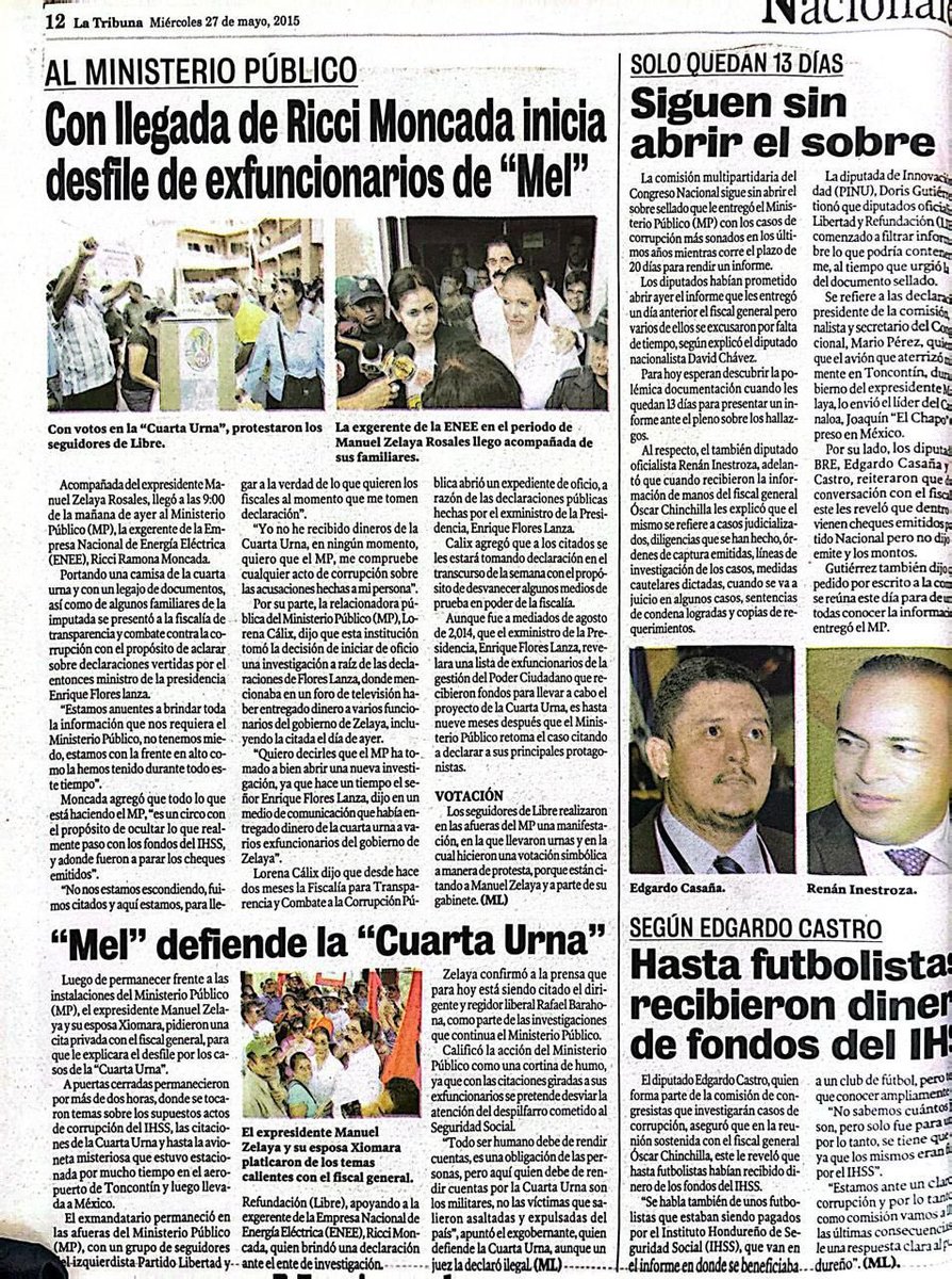 Hemeroteca Política HN (@hemerotecahn) on Twitter photo Hoy hace diez años, Manuel Zelaya Rosales <a href="/manuelzr/">Manuel Zelaya R.</a> , junto a Rixi Moncada <a href="/RixiPresidenta/">Rixi Presidenta</a> y Xiomara Castro <a href="/XiomaraCastroZ/">Xiomara Castro de Zelaya</a> , se presentaron al MP para rendir cuentas sobre 4ta Urna
<a href="/SinpajaHN/">La Ñangarada🌺</a> <a href="/PoliticoHN504/">POLÍTICO HN🌺</a> <a href="/NOTELODICENHND/">NO TE LO DICEN</a> <a href="/RicSalgadoB/">Ricardo Salgado</a> Hoy hace diez años, Manuel Zelaya Rosales <a href="/manuelzr/">Manuel Zelaya R.</a> , junto a Rixi Moncada <a href="/RixiPresidenta/">Rixi Presidenta</a> y Xiomara Castro <a href="/XiomaraCastroZ/">Xiomara Castro de Zelaya</a> , se presentaron al MP para rendir cuentas sobre 4ta Urna
<a href="/SinpajaHN/">La Ñangarada🌺</a> <a href="/PoliticoHN504/">POLÍTICO HN🌺</a> <a href="/NOTELODICENHND/">NO TE LO DICEN</a> <a href="/RicSalgadoB/">Ricardo Salgado</a>