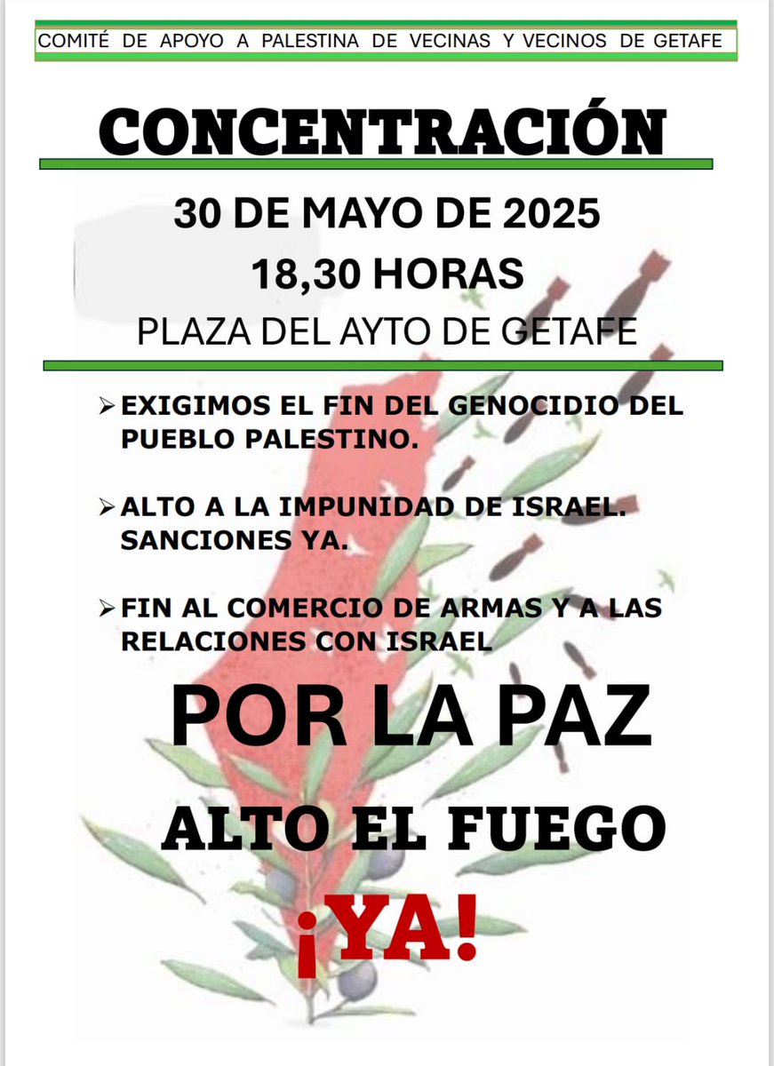 📣 ¡Por el fin del comercio de armas y las relaciones con Israel! 

Nos vemos este viernes para exigir la ruptura total de relaciones con el estado sionista de Israel. Por el fin del genocidio. 

¡No faltes! ✊🇵🇸