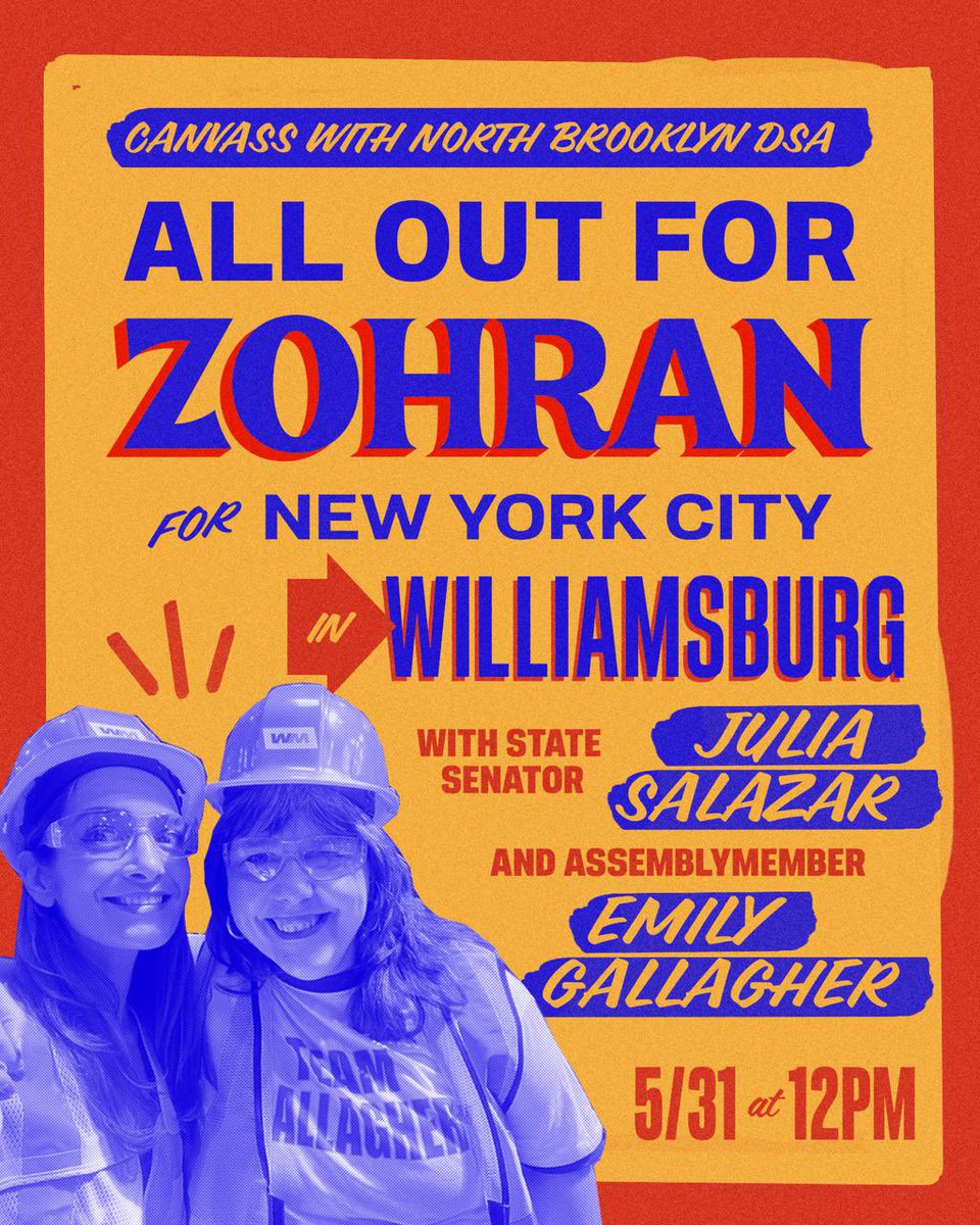 North Brooklyn DSA 🌹 (@nbkdsa) on Twitter photo This SATURDAY!! Canvass for <a href="/ZohranKMamdani/">Zohran Kwame Mamdani</a> with <a href="/JuliaCarmel__/">Julia Salazar (@juliasalazar on bluesky)</a> and <a href="/EmilyAssembly/">Emily Gallagher</a> in Williamsburg!
🌹 volunteer.zohranfornyc.com/all-out-for-zo… This SATURDAY!! Canvass for <a href="/ZohranKMamdani/">Zohran Kwame Mamdani</a> with <a href="/JuliaCarmel__/">Julia Salazar (@juliasalazar on bluesky)</a> and <a href="/EmilyAssembly/">Emily Gallagher</a> in Williamsburg!
🌹 volunteer.zohranfornyc.com/all-out-for-zo…