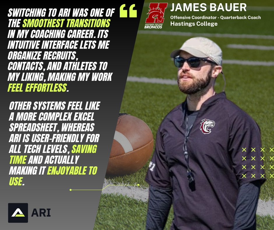 ARI Athletics (@_ariathletics) on Twitter photo Partner Spotlight: <a href="/Bauer_Coach/">James Bauer</a> from <a href="/HCBroncoFB/">Hastings College Football</a> / <a href="/HastingsBroncos/">Hastings College Athletics</a>
"Switching to ARI was one of the smoothest transitions in my coaching career." Partner Spotlight: <a href="/Bauer_Coach/">James Bauer</a> from <a href="/HCBroncoFB/">Hastings College Football</a> / <a href="/HastingsBroncos/">Hastings College Athletics</a>
"Switching to ARI was one of the smoothest transitions in my coaching career."