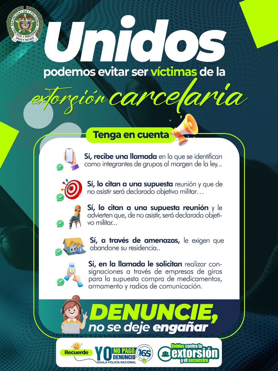 Combatir el secuestro y la extorsión es un trabajo que va de la mano con la ciudadanía, no dude hacer su denuncia en la #Línea165, este es el punto de partida para desplegar labores investigativas y poder llegar  a identificar los actores criminales.

#YoNoPagoYoDenuncio