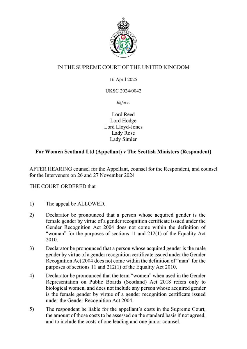 ForWomenScot's tweet image. The court order has now been issued by the UK Supreme Court.
