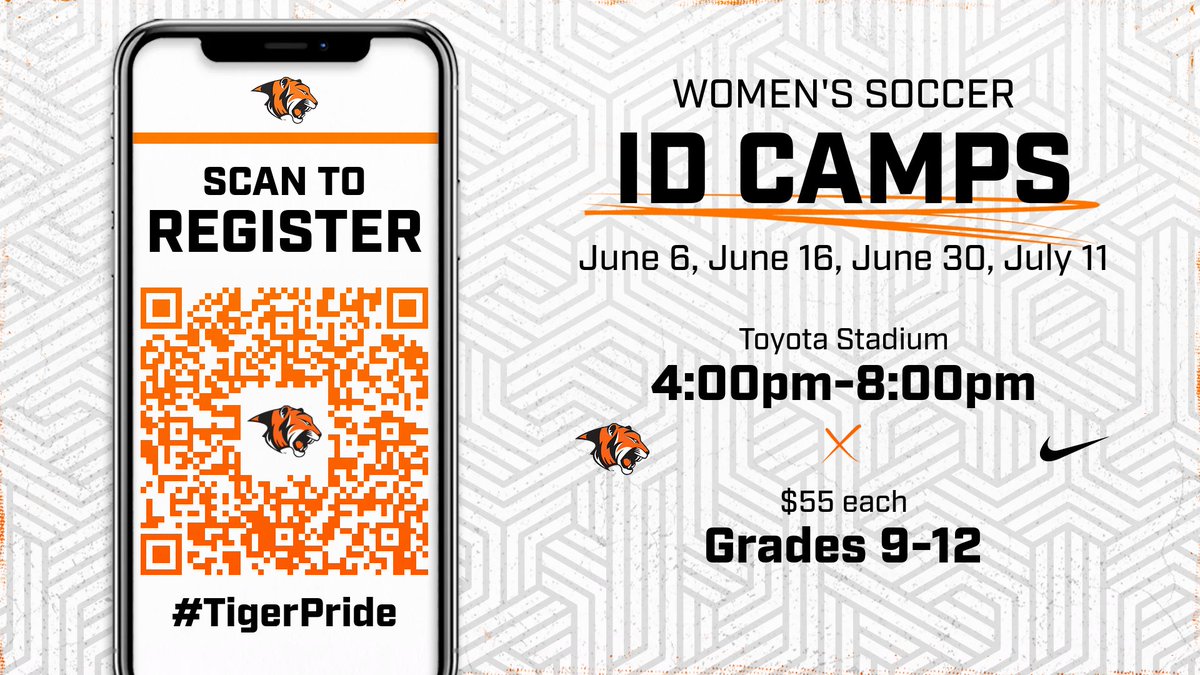 Women's Soccer has announced dates for its summer ID camps. Scan the QR code or click the link below to get registered! #TigerPride 🔗……llegewomenssoccercamps.totalcamps.com/shop/EVENT