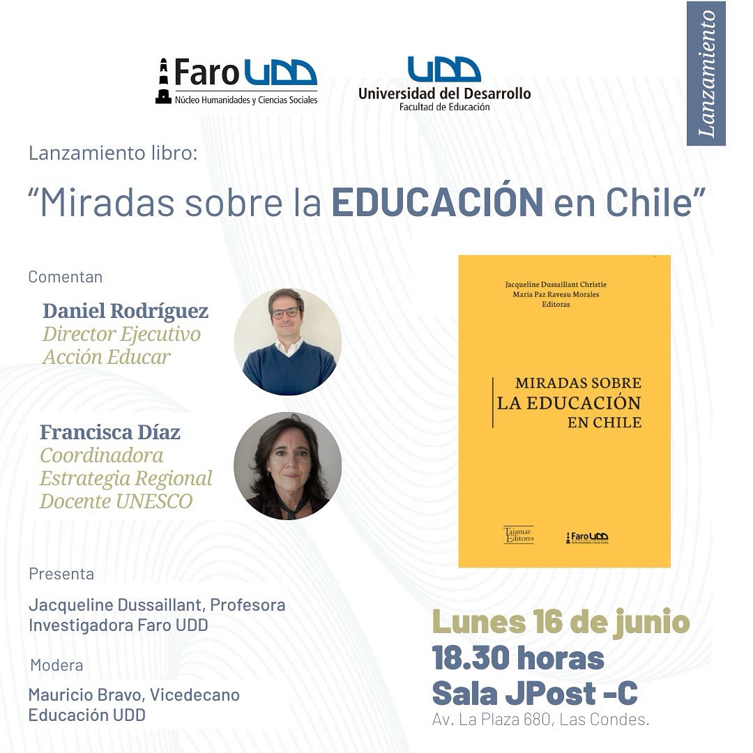 [ACADEMIA]📝📚
#Invitación | Lanzamiento del libro: 
“Miradas sobre la educación en Chile”

📅 Fecha: Lunes 16 de junio
🕡 Hora: 18:30 hrs
📍 Lugar: Sala JPost-C, UDD Santiago

📒Organizan: #FaroUDD y la Facultad de Educación UDD. 

¡Inscripciones abiertas! ⬇️