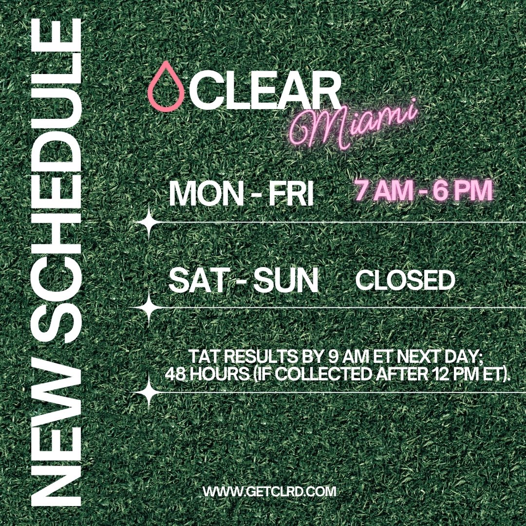 Miami, your schedule just got easier! 🕒
We’re now open 7 AM to 6 PM, Monday through Friday — giving you more time to get tested on your terms.
 More hours, less hassle. More time to test, more time to shine! ✨

Don’t forget to check out our money-back guarantee on TAT results