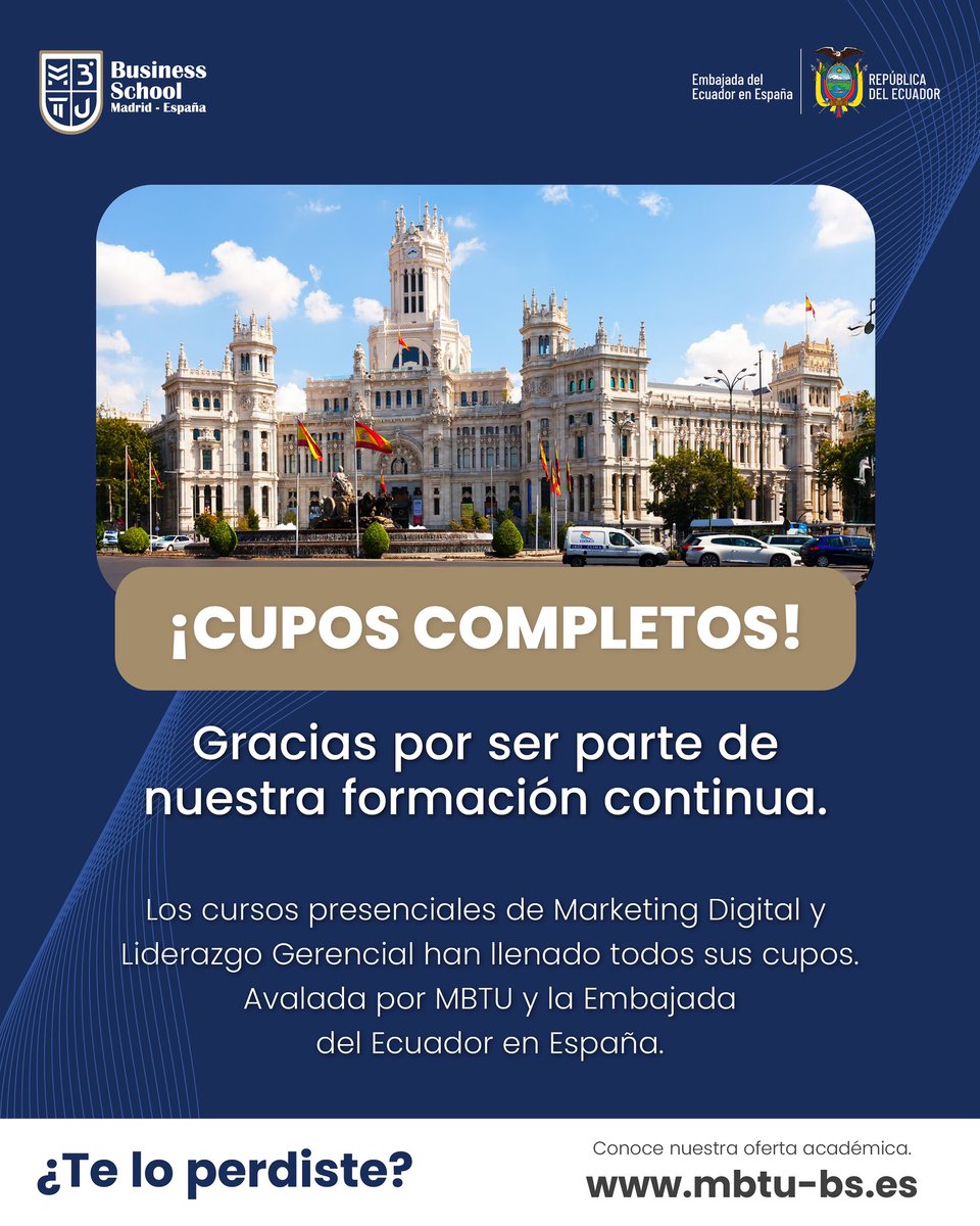 ¡CUPOS COMPLETOS!
Gracias a todos los ecuatorianos en Madrid que se inscribieron en nuestros cursos de formación continua.

Certificados por MBTU y la Embajada del Ecuador en España.

#MBTU #FormaciónContinua #CuposLlenos #Madrid #EcuatorianosEnEspaña #EmbajadaEcuador