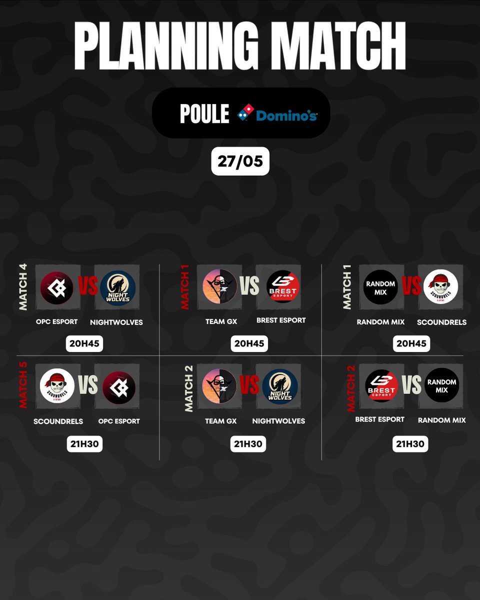 Scoundrels_Es's tweet image. Programme du jour 📆 
Deuxième soirée de la 2ème phase avec la poule : Dominos 🍕

@TeamGx_GG 
@NighhtWolves 
@Brest_Esport 
@OPCEsports 
@Scoundrels_Es 
#randommix

Nous auront les 4 premiers qualifiés à la fin de cette journée ✅ ! 

twitch.tv/scoundrelsespo…

#scoundrelscup
