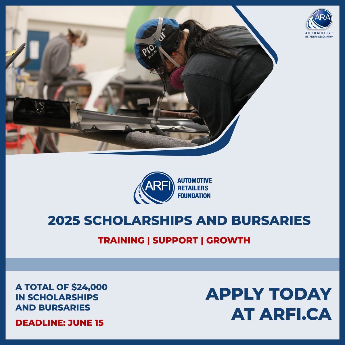 🔔 Reminder:  Looking to start your career in the automotive industry?  ARFI is awarding $24,000 in scholarships &amp; bursaries to support your training.  

Apply by June 15 arfi.ca 

Don’t miss this opportunity + share it with someone who should apply!