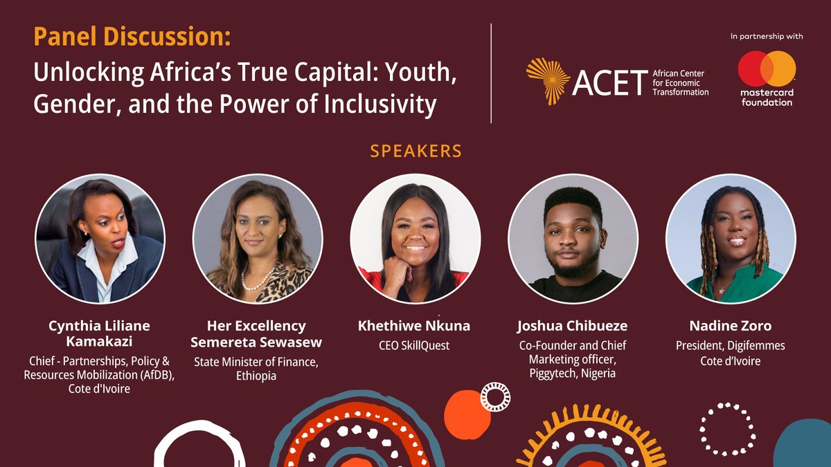 African Center for Economic Transformation (ACET) (@acetforafrica) on Twitter photo We have a great lineup for tomorrow's Intergenerational Dialogue on unlocking Africa's true capital. Don't miss it!
🗓️ 28 June 2025
🕘 9:00 AM GMT
🔗 acetforafrica.org/event/young-af…
#AfDBAM2025 #ACETImpact <a href="/MoF_Ethiopia/">Ministry of Finance - Ethiopia</a> <a href="/AfDB_Group/">African Development Bank Group</a> <a href="/PiggyBankNG/">Piggyvest</a> <a href="/DigiFemmes/">DigiFemmes Côte d'Ivoire</a> We have a great lineup for tomorrow's Intergenerational Dialogue on unlocking Africa's true capital. Don't miss it!
🗓️ 28 June 2025
🕘 9:00 AM GMT
🔗 acetforafrica.org/event/young-af…
#AfDBAM2025 #ACETImpact <a href="/MoF_Ethiopia/">Ministry of Finance - Ethiopia</a> <a href="/AfDB_Group/">African Development Bank Group</a> <a href="/PiggyBankNG/">Piggyvest</a> <a href="/DigiFemmes/">DigiFemmes Côte d'Ivoire</a>