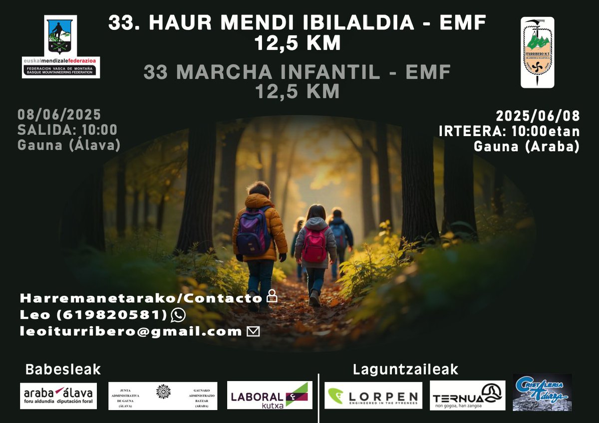 👧🏽🎒⛰️ Haur Mendi Ibilaldiaren 33. Edizioa, Euskal Mendizale Federazioak sustatua, Iturribero MT klubak (Durana-Araba) antolatuko du aurten. Gorde data eta anima zaitezte!