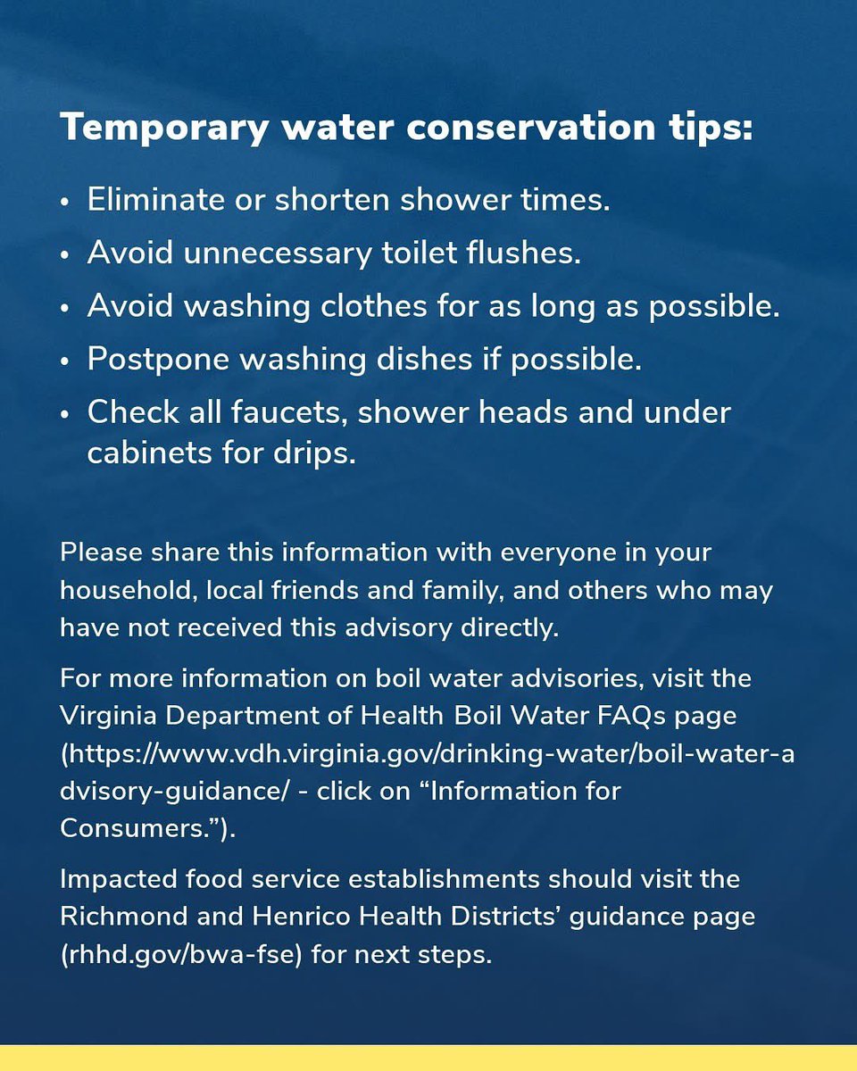 VDEM's tweet image. The city of Richmond has issued a boil water advisory for some neighborhoods. For more information, please visit: go.rva.gov/water-0527