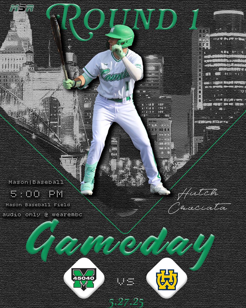 Mason Sports Radio (@mhssportsradio) on Twitter photo GAMEDAY-PLAYOFF ROUND 1‼️
⚾️| <a href="/MasonHSBaseball/">Mason Comets Baseball</a> takes on Walnut Hills High School
📍| Mason Baseball Field
⏰| 5:00 PM
🎙️| <a href="/TrevorRose5477/">Trevor Rose</a> & <a href="/PennettiDaniel/">Daniel Pennetti</a>
📺| tune in @ wearembc on YouTube - AUDIO ONLY DUE TO PLAYOFF REGULATIONS‼️
Graphic: <a href="/alyssaf0723/">Alyssa</a> GAMEDAY-PLAYOFF ROUND 1‼️
⚾️| <a href="/MasonHSBaseball/">Mason Comets Baseball</a> takes on Walnut Hills High School
📍| Mason Baseball Field
⏰| 5:00 PM
🎙️| <a href="/TrevorRose5477/">Trevor Rose</a> & <a href="/PennettiDaniel/">Daniel Pennetti</a>
📺| tune in @ wearembc on YouTube - AUDIO ONLY DUE TO PLAYOFF REGULATIONS‼️
Graphic: <a href="/alyssaf0723/">Alyssa</a>