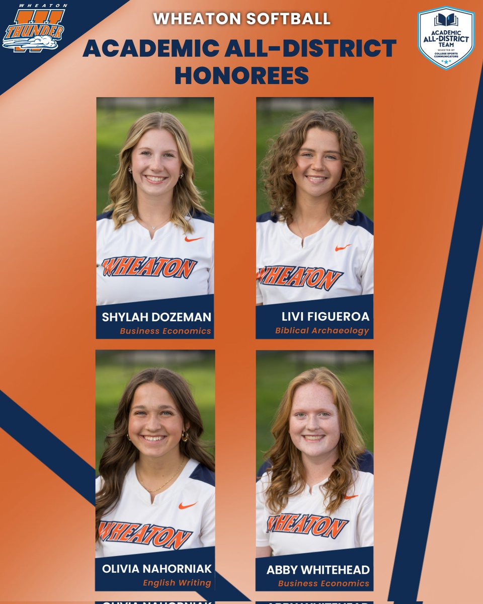 Wheaton Thunder (@wheaton_thunder) on Twitter photo High performance on the field and in their studies.
College Sports Communicators has published its list of 2025 Academic All-District recipients for the Division III Softball season, and four <a href="/wheaton_sb/">Wheaton College Softball</a> players have earned recognition for their academic and athletic success High performance on the field and in their studies.
College Sports Communicators has published its list of 2025 Academic All-District recipients for the Division III Softball season, and four <a href="/wheaton_sb/">Wheaton College Softball</a> players have earned recognition for their academic and athletic success