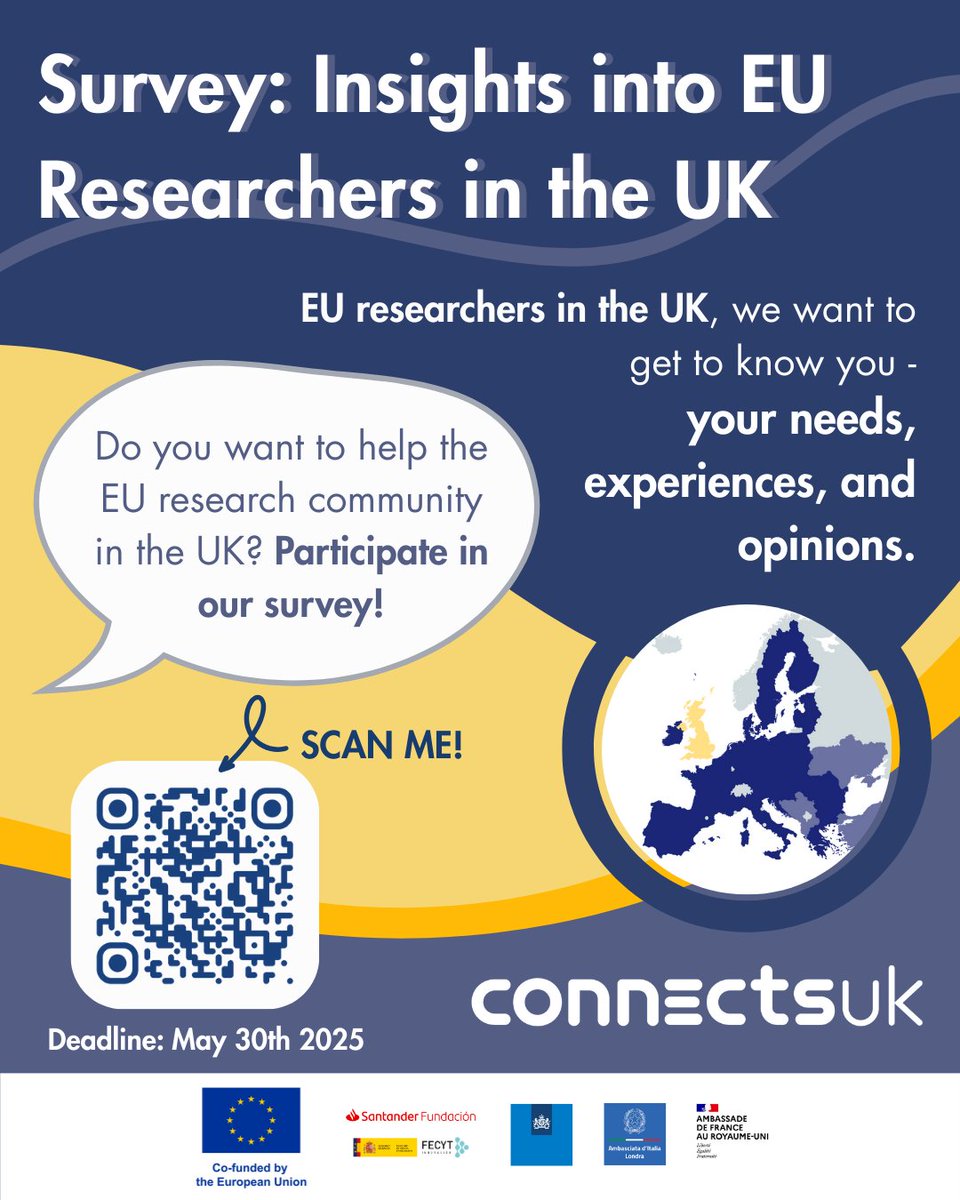EU Delegation UK (@eudelegationuk) on Twitter photo Are you an EU researcher in the UK? Help <a href="/CONNECTS_UK_/">CONNecting EU Communities Through Science in UK</a> - the platform bringing together EU researchers working in the UK - by taking their survey. All answers are anonymous.
⏲️The survey takes around 15 mins to fill out.
🗓️Deadline: 30 May 2025.
👉cnp498el171.typeform.com/to/TvkGjS6U?ty… Are you an EU researcher in the UK? Help <a href="/CONNECTS_UK_/">CONNecting EU Communities Through Science in UK</a> - the platform bringing together EU researchers working in the UK - by taking their survey. All answers are anonymous.
⏲️The survey takes around 15 mins to fill out.
🗓️Deadline: 30 May 2025.
👉cnp498el171.typeform.com/to/TvkGjS6U?ty…