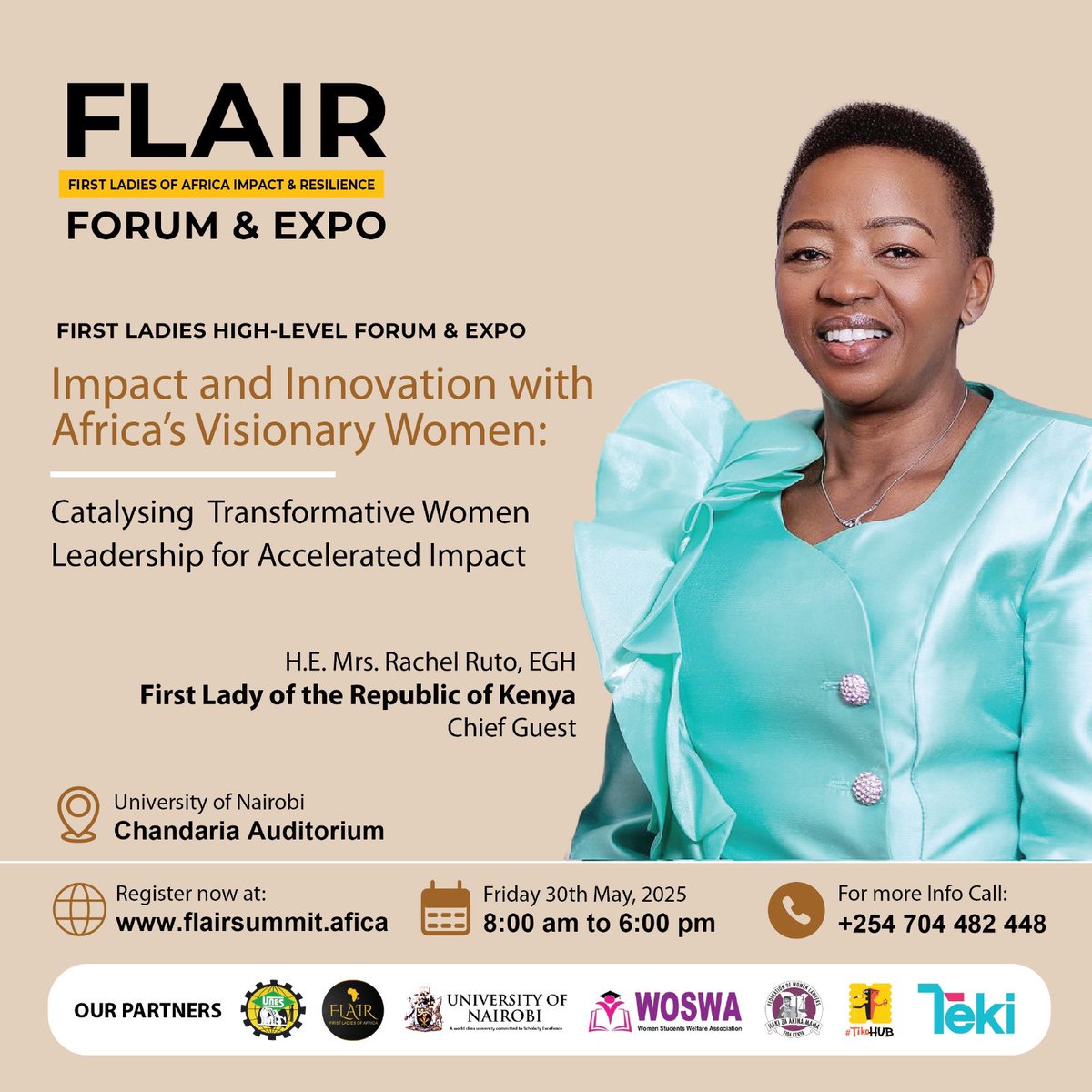Join us at the FLAIR Forum &amp; Expo with Africa’s visionary women!
🗓️ May 30 | 🕗 8AM–6PM | 📍UoN Chandaria Auditorium
🎤 With H.E. Rachel Ruto, Dr. Ida Odinga &amp; more!
🎟️ Ticket
🔗 tikohub.com/events/288

#FLAIRForumNairobi #WomenInLeadership #EmpowerHer
#WomenEmpowerment 
<a href="/uonbi/">University of Nairobi</a>