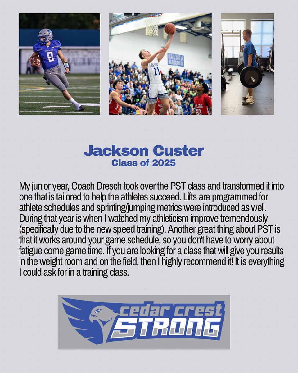 Senior Spotlight: Jackson is a 3-sport athlete that has played a critical role in helping our program grow. His work ethic and leadership have been evident over the last two years and I look forward to everything he accomplishes in the future! #cedarcreststrong 💪
