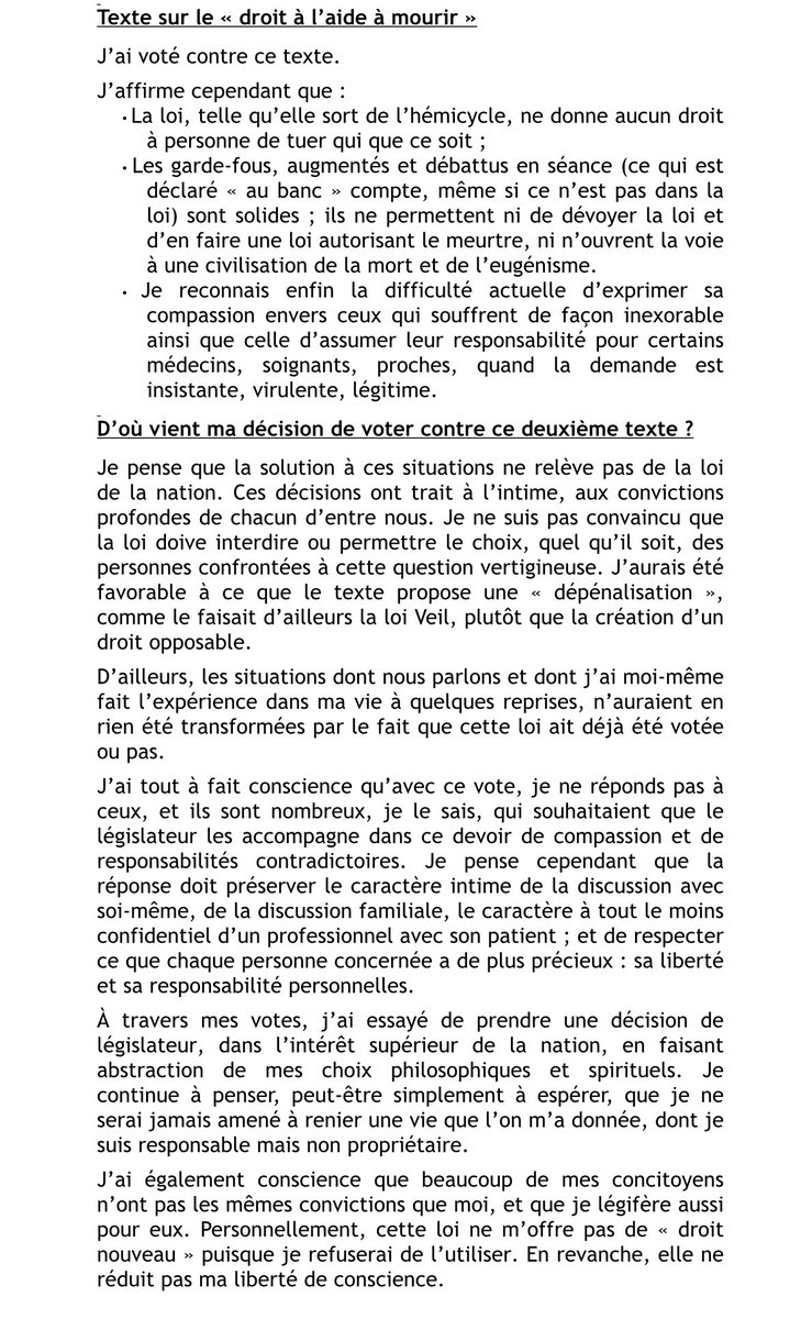 #DirectAN 🇫🇷 J’ai voté en faveur du texte « accompagnement et soins palliatifs ». 
J’ai voté contre le texte sur « le droit à l’aide à mourir ». 
Mes explications de votes, comme d’habitude ⤵️
