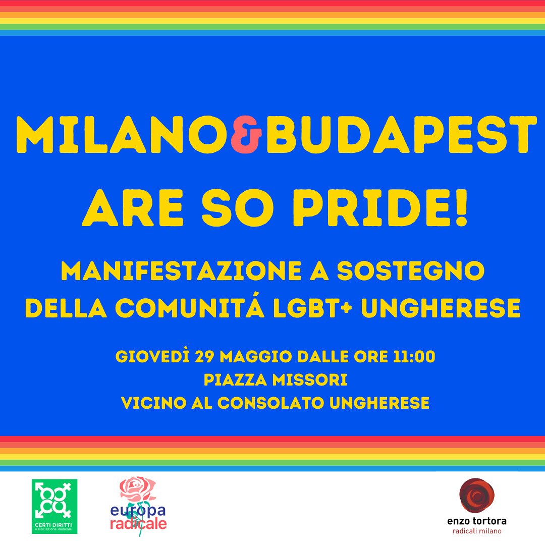 🌈 Giovedì mattina alle 11.00 ci vediamo in Piazza Missori per sostenere il Budapest Pride e chiedere a Giorgia Meloni di interrompere i rapporti bilaterali con Orban fino a quando non verrà ristabilito lo Stato di Diritto. 

#Pride #PrideMonth #Milano