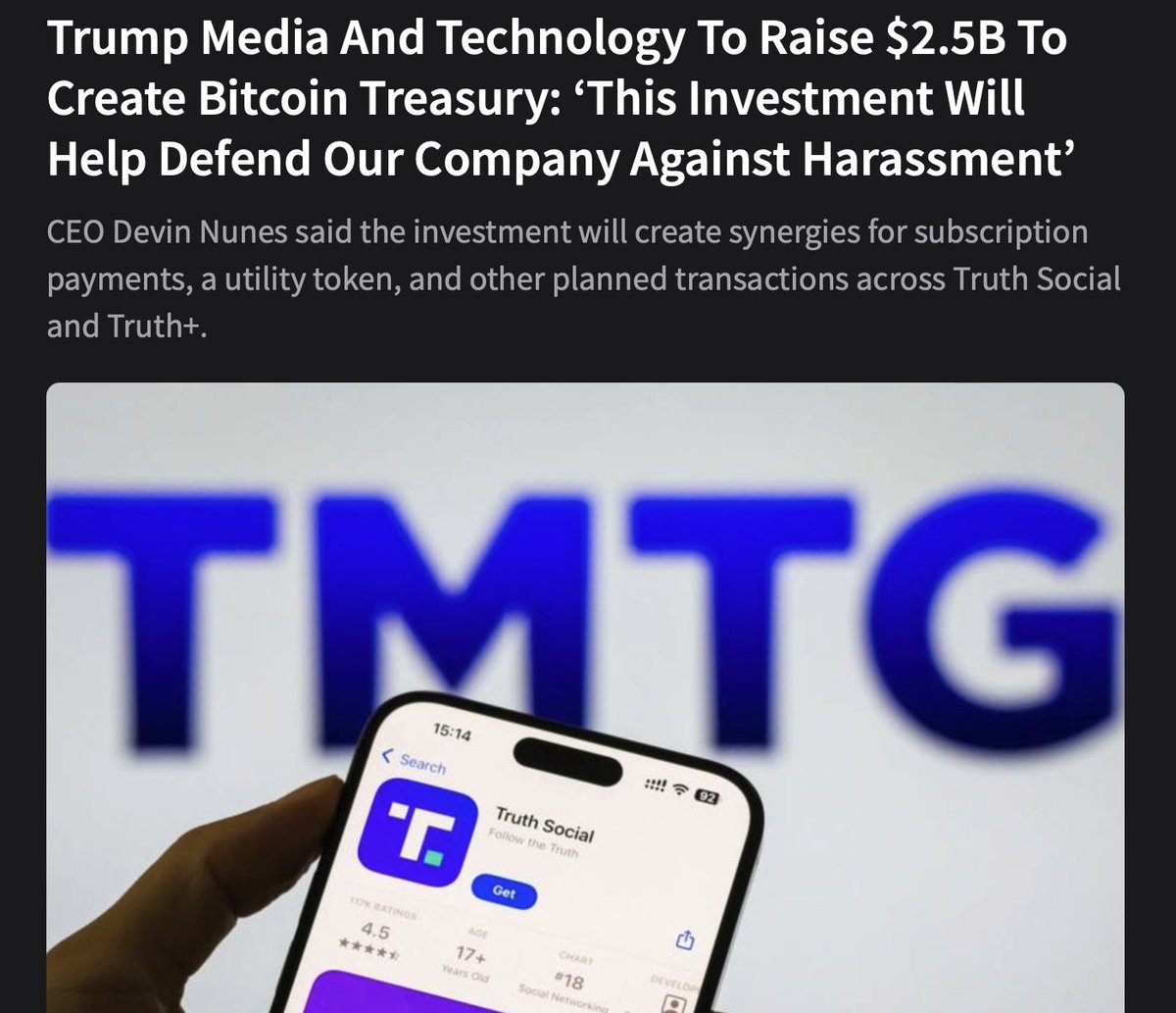 🚨 BREAKING : "$DJT prepara un aumento di capitale da 2,5 miliardi di dollari per creare una riserva di $BTC, afferma il CEO Devin Nunes: 'Questo investimento difenderà la nostra azienda dalle molestie'"