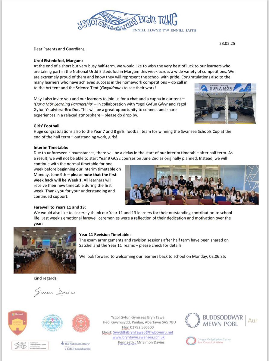 Llythyr diwedd haner tymor Mai 2025 / end of half term letter May 2025