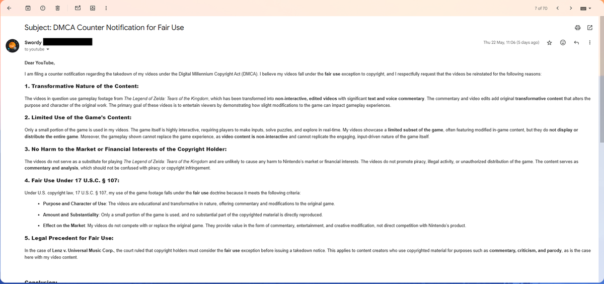 Swordy25's tweet photo. 📢 @TeamYouTube — I’m asking for clarity on your DMCA counter-notification process.

I submitted a counter notification under 17 U.S.C. § 512(g) — the specific section of U.S. law that gives users the right to respond to takedown notices with a good-faith fair use defense. My counter was properly formatted, legally compliant, and submitted in good faith — yet it was rejected without any clear explanation.

- The content is transformative and includes original commentary

- The counter meets all legal requirements under 
Section 512(g) of the DMCA

- YouTube has stated it will no longer review further counter submissions for my channel

This raises serious concerns about transparency and due process. Section 512(g) exists specifically to protect creators from wrongful takedowns — but when that process is blocked or ignored, what recourse do we have?

I've contacted @EFF for guidance, but it shouldn't take legal intervention just to have our rights under the DMCA respected.

@YouTubeCreators @TeamYouTube — what is a creator supposed to do when your system refuses to honor the safeguards built into U.S. copyright law?

#DMCA #FairUse #512g #YouTubeSupport #CreatorRights #FreeExpression #YouTubeHelp