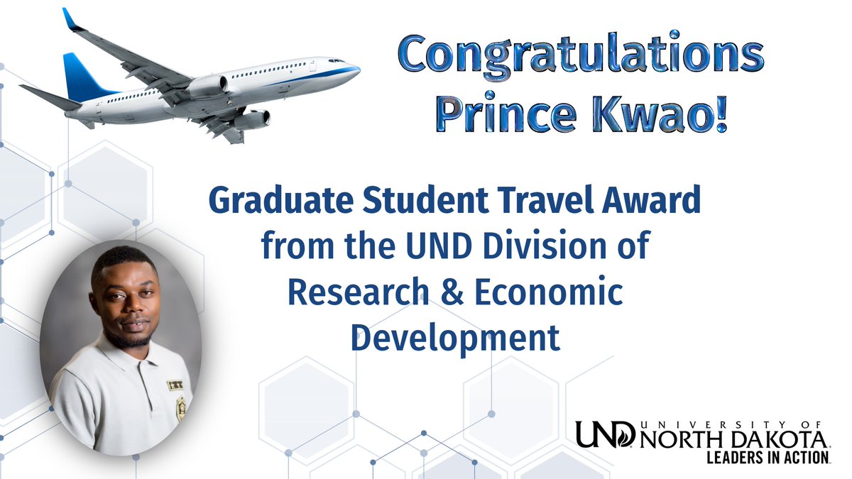 Congratulations to Prince Kwao for his travel award from the UND Division of Research &amp; Economic Development! #UNDproud