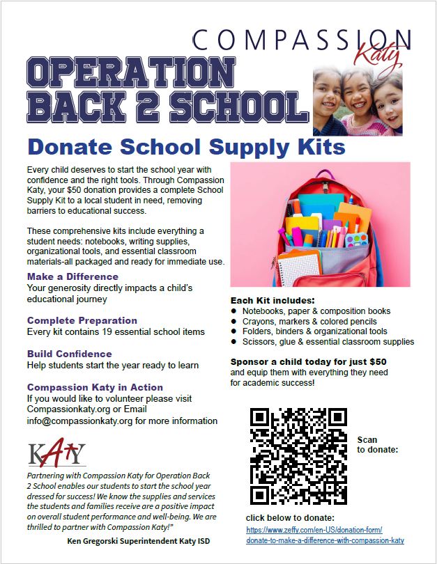 KatyISD_PIE's tweet photo. We’re proud to support Compassion Katy, a Business &amp; Community Partner helping students and families across our district. Help equip students in need with a full school supply kit. Donate: https://t.co/76ci5HsEln https://t.co/VwWnhvl5e3
