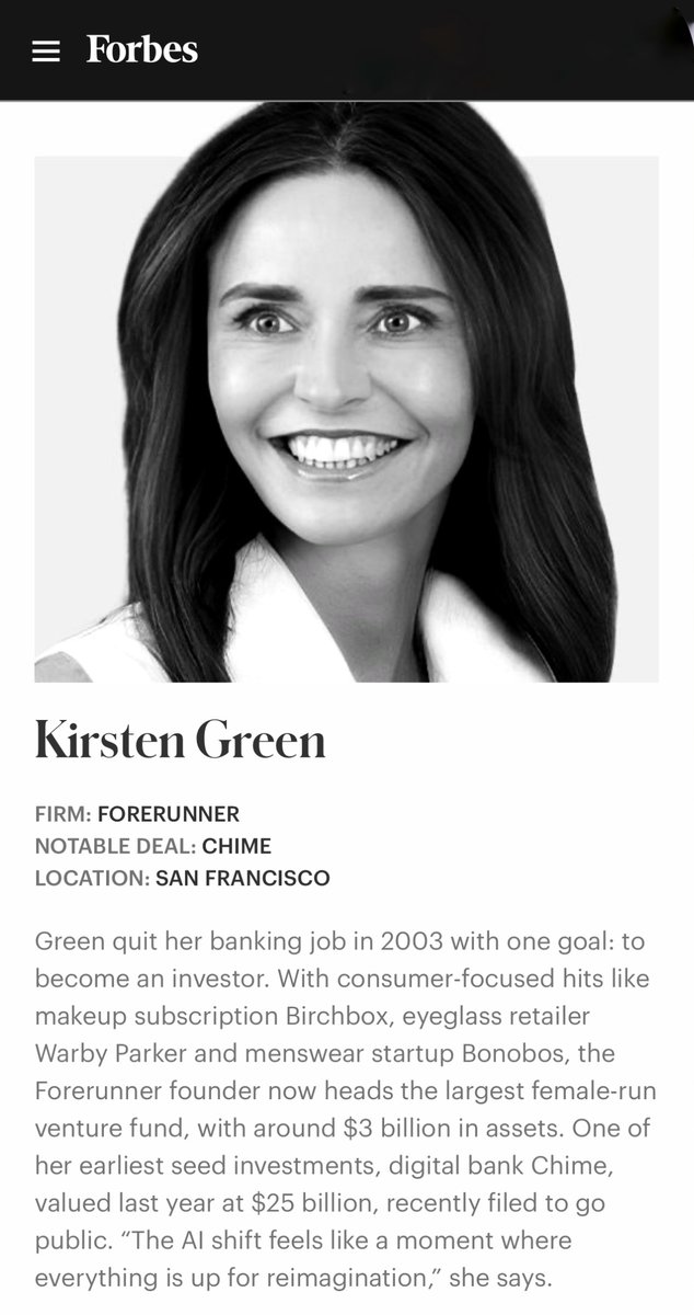 Well-deserved recognition from our Founding Partner <a href="/kirstenagreen/">Kirsten Green</a> — her 9th consecutive Midas List ranking. "Everything is up for reimagination"
forbes.com/lists/midas/