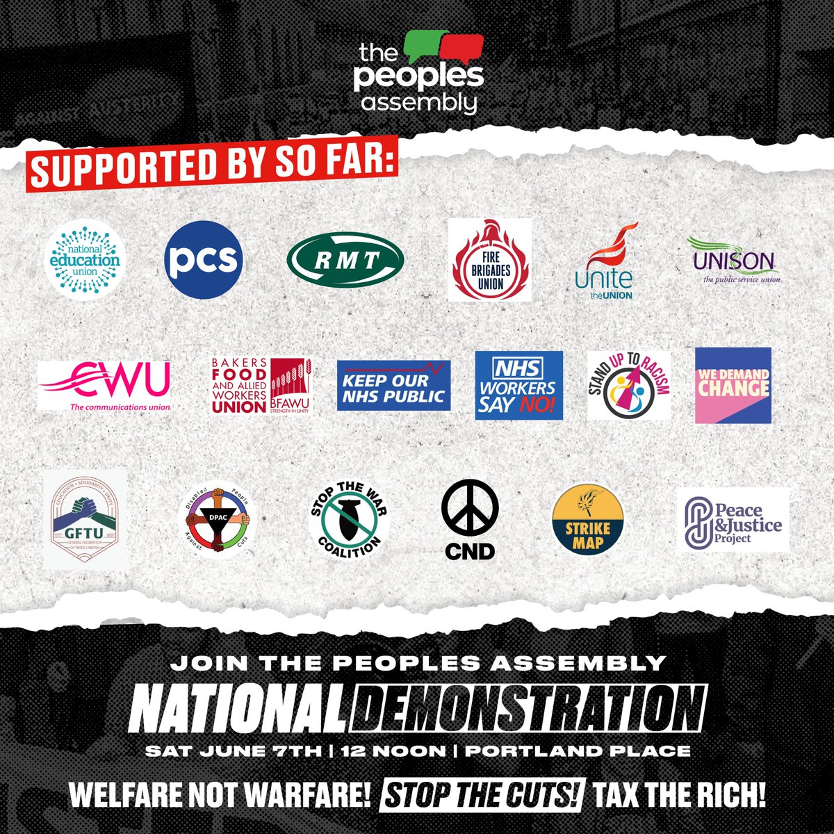 📢
We are delighted by the support for the National Demonstration so far! If your organisation is not listed, please tag us and let us know, and we will add you to the ever growing list.
More details: thepeoplesassembly.org.uk
#June7Demo #UnitedAgainstAusterity