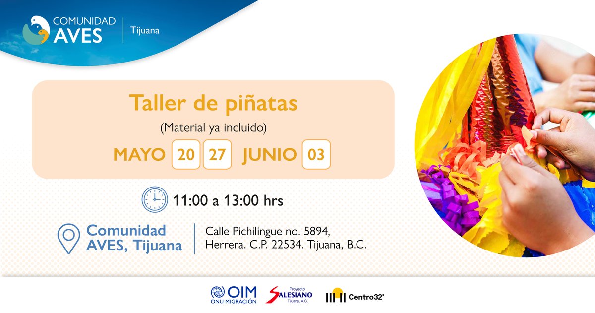 ¡Este 29 de mayo tienes una cita en Comunidad #AVES, #Tijuana! 🙌

Te esperamos desde las 9h en la Feria de Servicios, impulsada por el <a href="/SalesianosTJ/">SalesianosTijuana</a> y aliados, con espacios de atención, orientación y actividades para todas y todos. 🤝💬