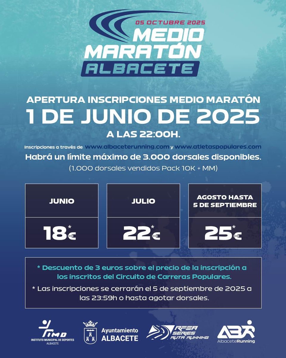 📢XXVIII Medio Maratón Internacional ‘Ciudad de Albacete’

El concejal de Deportes, Francisco Villaescusa, ha anunciado que este 🗓️ domingo, 1 de junio a las 22h, se abre el periodo para inscribirse en el XXVIII Medio Maratón Internacional ‘Ciudad de Albacete’.

🗓️ 5 de octubre