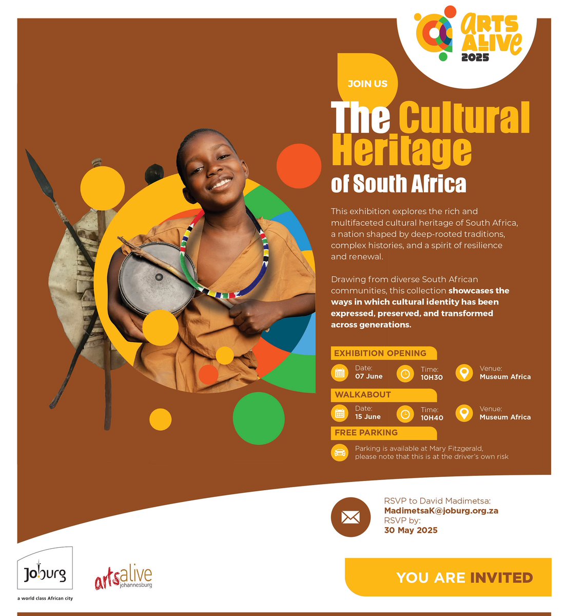 Arts Alive Joburg (@arts_alive) on Twitter photo You’re invited to celebrate the roots, rhythms & resilience of SA culture at the Cultural Heritage of South Africa exhibition! 🇿🇦
RSVP by 30 May to secure your spot: madimetsak@joburg.org.za
#ArtsAlive2025 #JoburgCulture #MuseumAfrica #CulturalHeritageSA You’re invited to celebrate the roots, rhythms & resilience of SA culture at the Cultural Heritage of South Africa exhibition! 🇿🇦
RSVP by 30 May to secure your spot: madimetsak@joburg.org.za
#ArtsAlive2025 #JoburgCulture #MuseumAfrica #CulturalHeritageSA