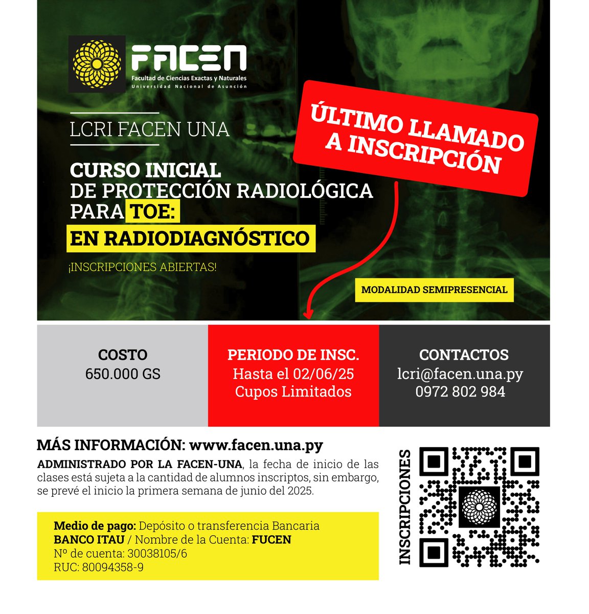 Último llamado de inscripción para el Curso Inicial de Protección Radiológica para TOE: en Radiodiagnóstico.

📆 Periodo de inscripción: Hasta el 02/06/25
🖊 Los exámenes finales son presenciales
🔗Enlace de inscripción: forms.gle/Vv62s2AgsetfSM…