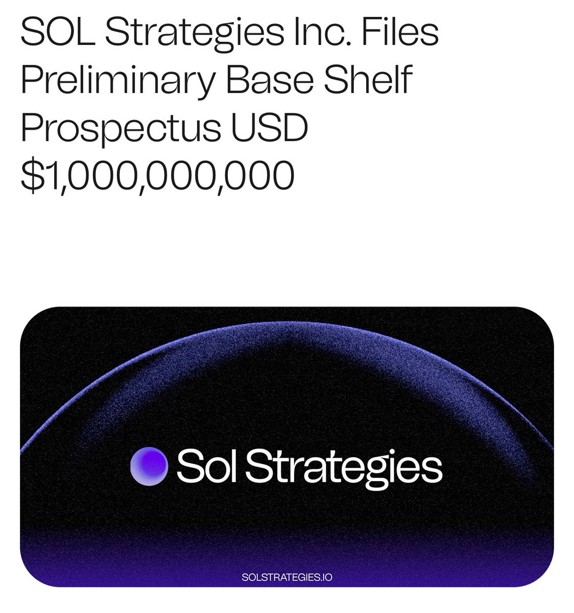 SolanaFloor (@solanafloor) on Twitter photo ๐จBREAKING: <a href="/solstrategies_/">SOL Strategies</a> has filed a $1 billion preliminary base shelf prospectus, giving the company the flexibility to raise funds in the future to invest and support growth opportunities within the @Solana ecosystem. ๐จBREAKING: <a href="/solstrategies_/">SOL Strategies</a> has filed a $1 billion preliminary base shelf prospectus, giving the company the flexibility to raise funds in the future to invest and support growth opportunities within the @Solana ecosystem.