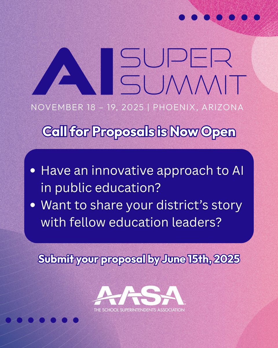 AASA’s AI Super Summit returns this November—and we want to hear from YOU. If your district is exploring or implementing AI, submit your proposal by June 15 to share your story with education leaders nationwide.

🔗 Submit here:aasa.org/news-media/new…

#AASA #AISummit