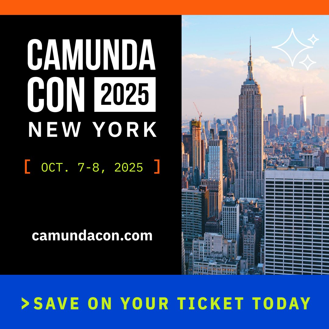 Early bird tickets for #CamundaCon 2025 NYC 🗽 are going fast! Have you gotten yours to join us in person on October 7-8? bit.ly/4iDAb4e