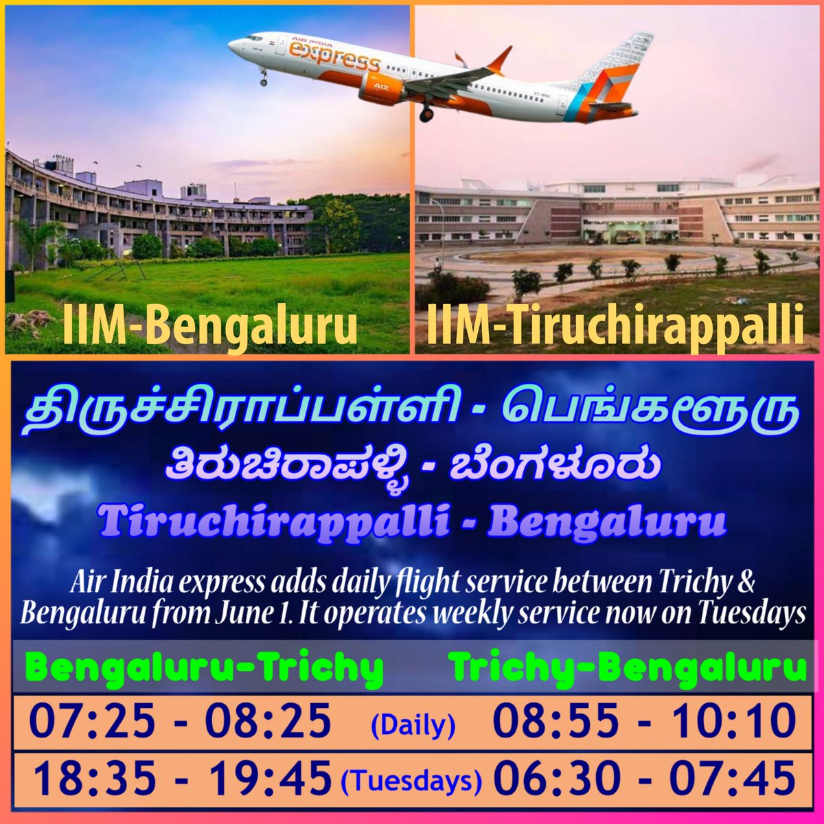 Trichy Treasures (@trichytreasures) on Twitter photo Connecting two educational hubs of southern India. Air India express to operate daily flights between Trichy and Bengaluru from June 1 in addition to its present weekly flight on Tuesdays. <a href="/AirIndiaX/">Air India Express</a> #Trichy <a href="/AviationTrichy/">Aviation Trichy</a> <a href="/Updatestrichy2/">TrichyUpdates2</a> #Bengaluru #AirIndiaexpress Connecting two educational hubs of southern India. Air India express to operate daily flights between Trichy and Bengaluru from June 1 in addition to its present weekly flight on Tuesdays. <a href="/AirIndiaX/">Air India Express</a> #Trichy <a href="/AviationTrichy/">Aviation Trichy</a> <a href="/Updatestrichy2/">TrichyUpdates2</a> #Bengaluru #AirIndiaexpress