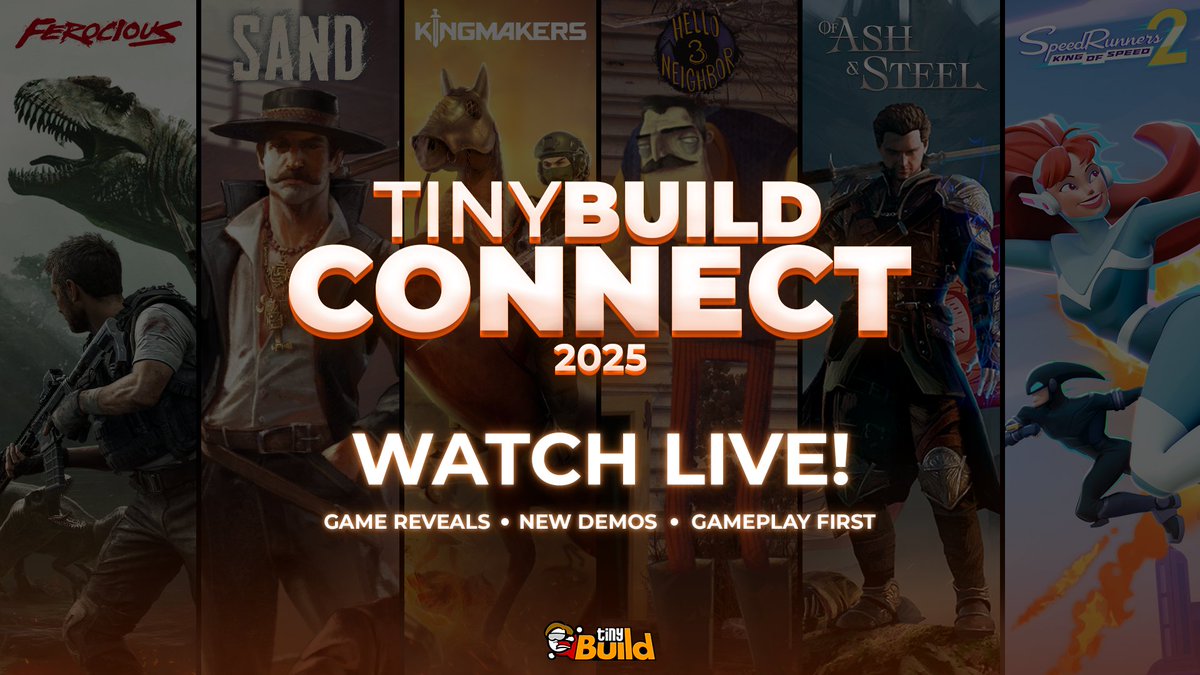 tinyBuild's tweet photo. Watch #tinyBuildConnect2025 LIVE NOW!

🔴 https://t.co/77aQIGqqPd

🎮 Game reveals
🗞️ Big news on Hello Neighbor 3, Kingmakers, FEROCIOUS, &amp; more
🖱️ Demos
🗣️❌ No talking heads https://t.co/J75xHcgtbr