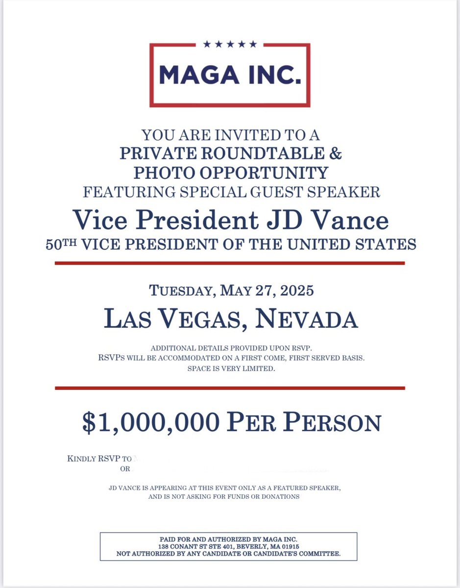 New: Vice President JD Vance to headline a $1M/head MAGA Inc. fundraiser  tonight in Vegas, ahead of speaking at the Bitcoin Conference tomorrow.  https://t.co/w9pHP6sv4Q