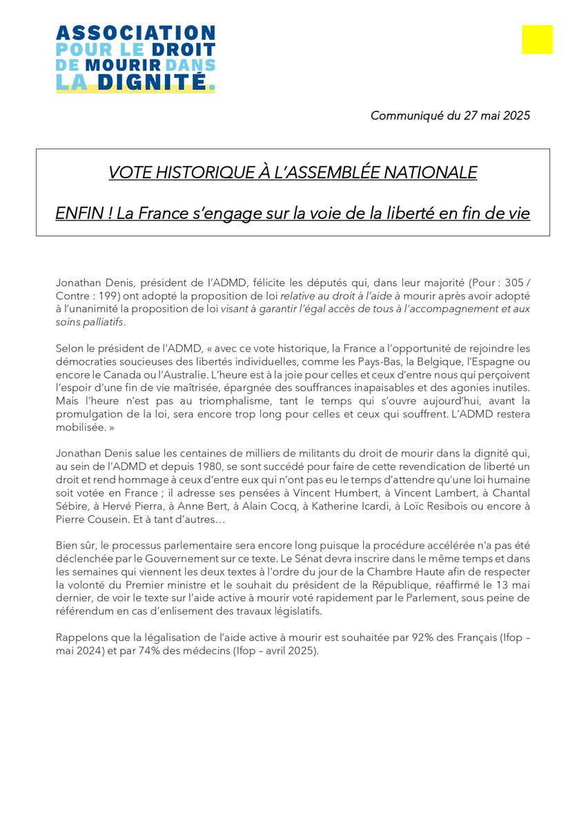 📄 CP - ENFIN ! La France s’engage sur la voie de la liberté en #FindeVie.
<a href="/JonathanDenis/">Jonathan Denis</a>, président de l’@ADMDFrance, félicite les députés qui, dans leur majorité ont adopté la proposition de loi relative au droit à l’aide à mourir après avoir adopté la proposition de loi visant