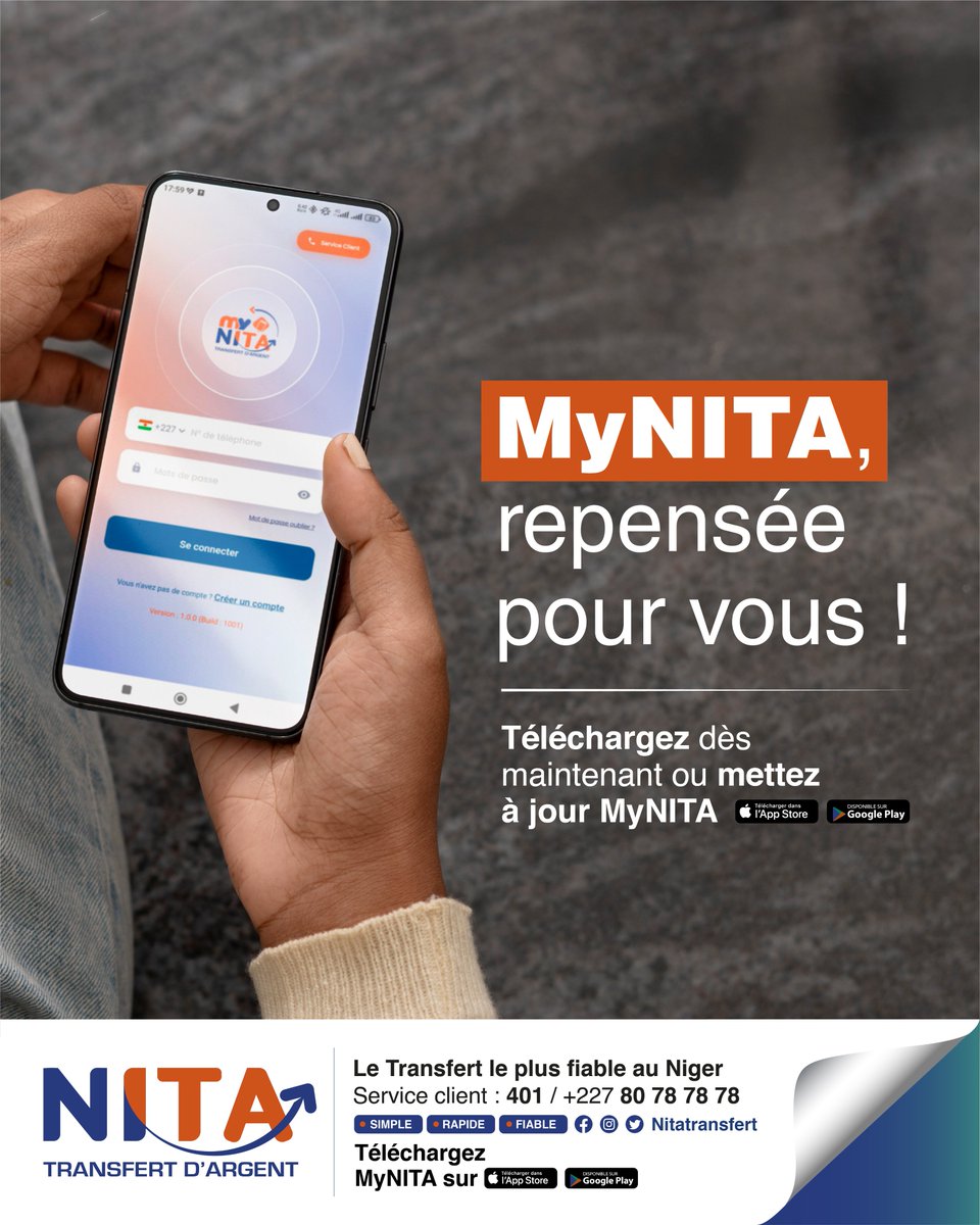 NITA Transfert d'Argent (@nitatransfert1) on Twitter photo ๐๐ง๐ ๐ง๐จ๐ฎ๐ฏ๐๐ฅ๐ฅ๐ รจ๐ซ๐ ร ๐ฏ๐จ๐ญ๐ซ๐ ๐ฉ๐จ๐ซ๐ญรฉ๐ ! ๐
Avec la nouvelle mise ร jour de l'application MyNITA, rejoignez un monde entiรจrement repensรฉ pour vous offrir plus de fluiditรฉ, simplicitรฉ, sรฉcuritรฉ.
Tรฉlรฉchargez l'application MyNITA sur PlayStore ou AppStore. ๐๐ง๐ ๐ง๐จ๐ฎ๐ฏ๐๐ฅ๐ฅ๐ รจ๐ซ๐ ร ๐ฏ๐จ๐ญ๐ซ๐ ๐ฉ๐จ๐ซ๐ญรฉ๐ ! ๐
Avec la nouvelle mise ร jour de l'application MyNITA, rejoignez un monde entiรจrement repensรฉ pour vous offrir plus de fluiditรฉ, simplicitรฉ, sรฉcuritรฉ.
Tรฉlรฉchargez l'application MyNITA sur PlayStore ou AppStore.