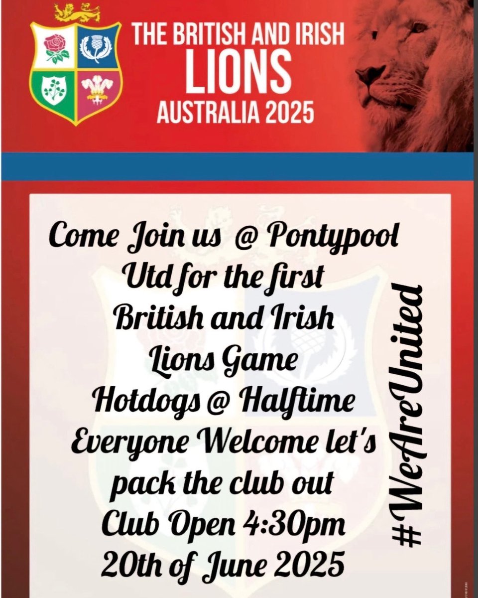 Everyone Welcome 🦁🦁🦁🏉🏉🏉📺📺📺

Come and watch as the Lion take on Argentina before they head off down under🦘🦘🦘

Get it in the diary now 20th June👊👊👊