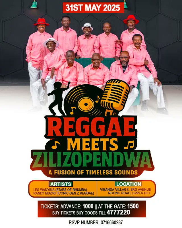 Enjoy a fusion of timeless sounds as Reggae meets Zilizopendwa! Feel the rhythm &amp; sing along to classics.🎶

Date: May 31, 2025
Time: 6:00 PM till late
Location: Vibanda Village 3rd Avenue, Ngong Road, Upper Hill

Buy Tickets🎟️: kenyabuzz.com/events/event/r…

#ReggaeMeetsZilizopendwa